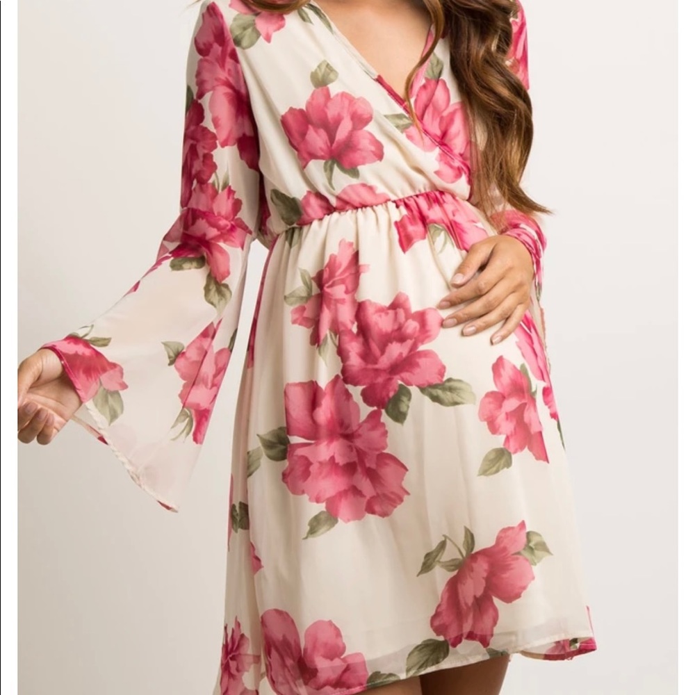 Maternity PinkBlush ivory floral chiffon wrapdress